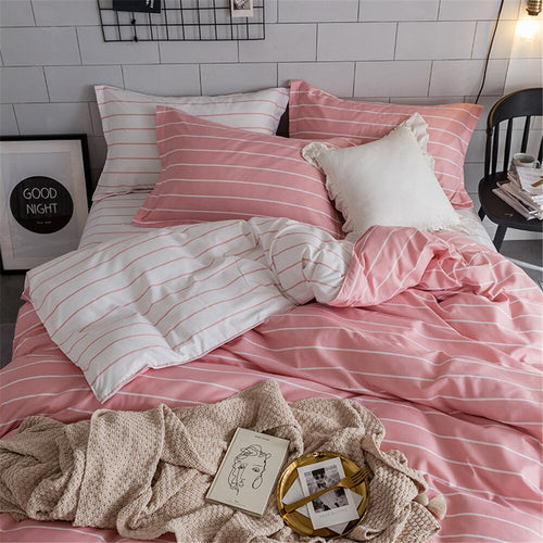 Simple King Size Bedding Set Home Textile Bed Duvet Cover Queen Pink White Stripe Comforter Bed Sets For Girl