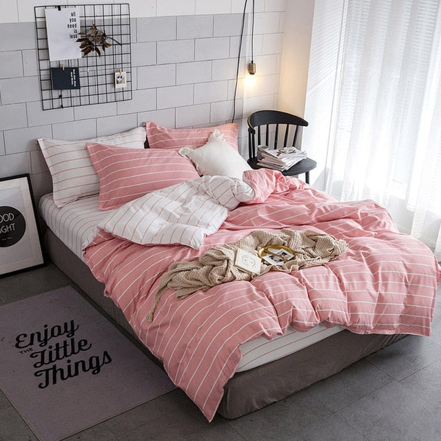 Simple King Size Bedding Set Home Textile Bed Duvet Cover Queen Pink White Stripe Comforter Bed Sets For Girl