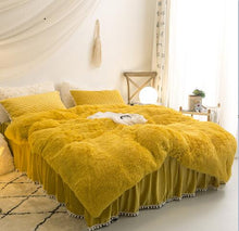 Load image into Gallery viewer, Luxury Plush Shaggy Duvet Cover Set Quilted Pompoms Fringe Ruffles Bedskirt Pillow Shams Bedding Set Twin Full Queen King 4/6PCS