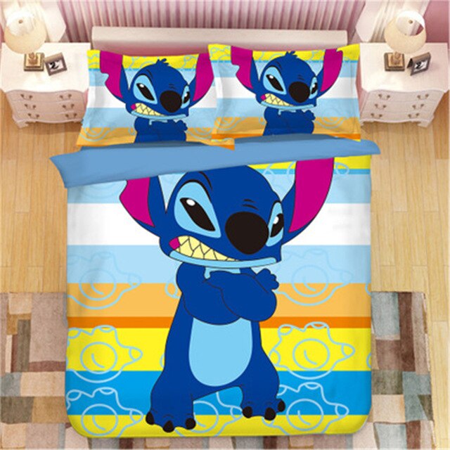 Home Textile Cartoon Stitch Bedding Set Children High Quality Duvet Cover Pillowcases Twin Full Queen King Blue 3d Bedclothes