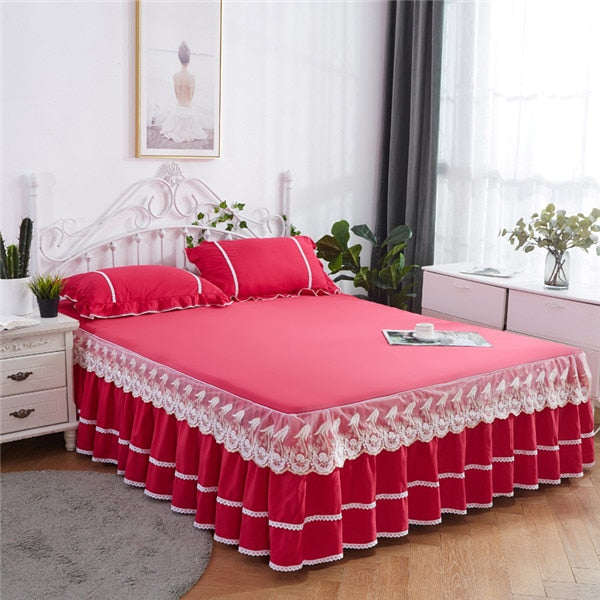 3PCS Thickened Lace Bed Skirt Graceful Bedspread Fitted Sheet Home textile Bedroom Mattress Cover Skirt+Pillowcase Wedding  Gift