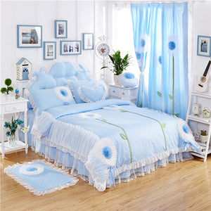 2017 100%Cotton luxury Lace Dandelion Bedding Set Twin Queen King size 3/4/6/8Pcs Duvet cover set Bedskirt Pillowcases Curtain