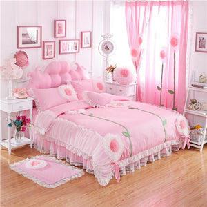 2017 100%Cotton luxury Lace Dandelion Bedding Set Twin Queen King size 3/4/6/8Pcs Duvet cover set Bedskirt Pillowcases Curtain