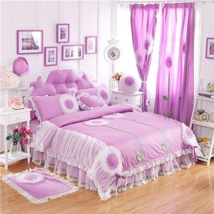 2017 100%Cotton luxury Lace Dandelion Bedding Set Twin Queen King size 3/4/6/8Pcs Duvet cover set Bedskirt Pillowcases Curtain