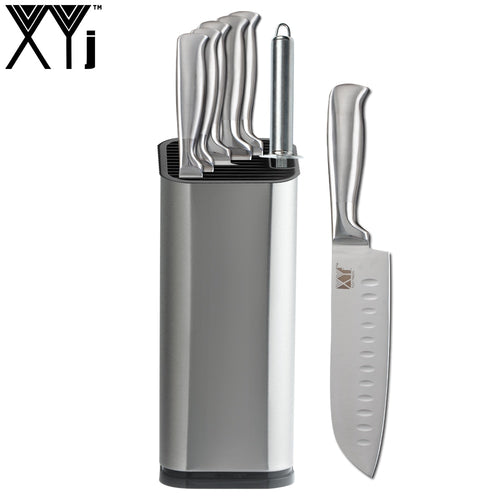 XYj Stainless Steel Kitchen Knife Set Chef Bread Slicing Santoku Utility Paring Knives Stainless Steel Knife Holder Stand