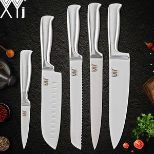 XYj Stainless Steel Kitchen Knife Set Chef Bread Slicing Santoku Utility Paring Knives Stainless Steel Knife Holder Stand