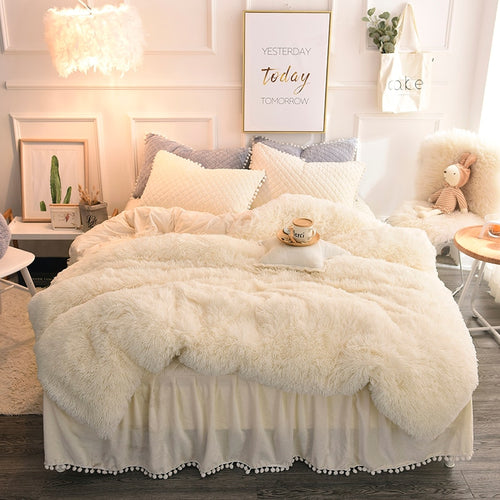 Luxury Plush Shaggy Duvet Cover Set Quilted Pompoms Fringe Ruffles Bedskirt Pillow Shams Bedding Set Twin Full Queen King 4/6PCS