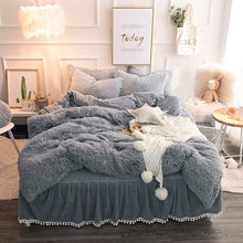 Load image into Gallery viewer, Luxury Plush Shaggy Duvet Cover Set Quilted Pompoms Fringe Ruffles Bedskirt Pillow Shams Bedding Set Twin Full Queen King 4/6PCS