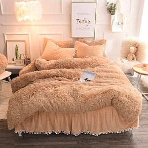 Luxury Plush Shaggy Duvet Cover Set Quilted Pompoms Fringe Ruffles Bedskirt Pillow Shams Bedding Set Twin Full Queen King 4/6PCS