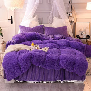 Luxury Plush Shaggy Duvet Cover Set Quilted Pompoms Fringe Ruffles Bedskirt Pillow Shams Bedding Set Twin Full Queen King 4/6PCS