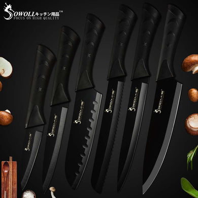 Sowoll Kitchen Knives Accessories Tool Black Blade Stainless Steel Knife 6 Pcs 3.5