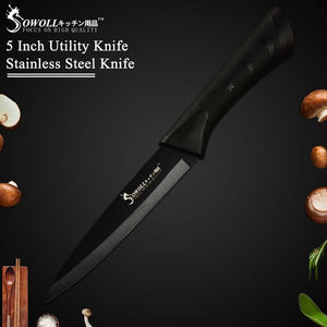 Sowoll Kitchen Knives Accessories Tool Black Blade Stainless Steel Knife 6 Pcs 3.5" 5" 7" 8" 8" 8" inch Stainless Steel Knife