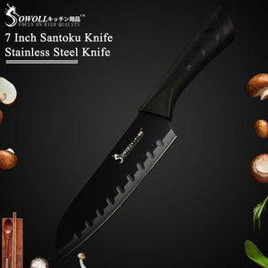 Sowoll Kitchen Knives Accessories Tool Black Blade Stainless Steel Knife 6 Pcs 3.5" 5" 7" 8" 8" 8" inch Stainless Steel Knife