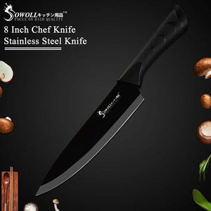 Sowoll Kitchen Knives Accessories Tool Black Blade Stainless Steel Knife 6 Pcs 3.5" 5" 7" 8" 8" 8" inch Stainless Steel Knife