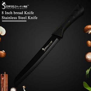 Sowoll Kitchen Knives Accessories Tool Black Blade Stainless Steel Knife 6 Pcs 3.5" 5" 7" 8" 8" 8" inch Stainless Steel Knife