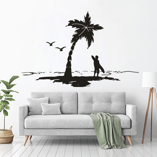 Surfer With Surfboards Wall Sticker Beach Trees Vinyl Wall Decal Home Bathroom Décoration Sea Gulls Sunset Wall Art Mural AZ711