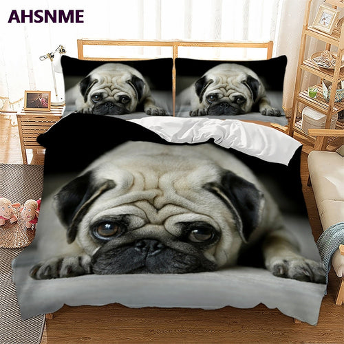 AHSNME 3D Effect Cute Dog Cover Set Summer Bedding Set Pug King Queen Bed Set